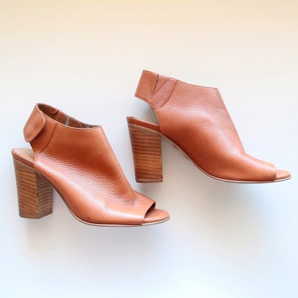 Matisse Tan Leather Peep-Toe Stacked Block Heel Bootie Shoes Size 7 - Picture 8 of 16